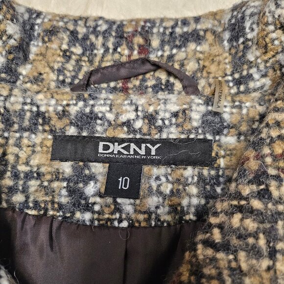 DKNY Women's Brown Tweed Plaid Wool Blend Belted Coat Size 10 - Picture 7 of 12